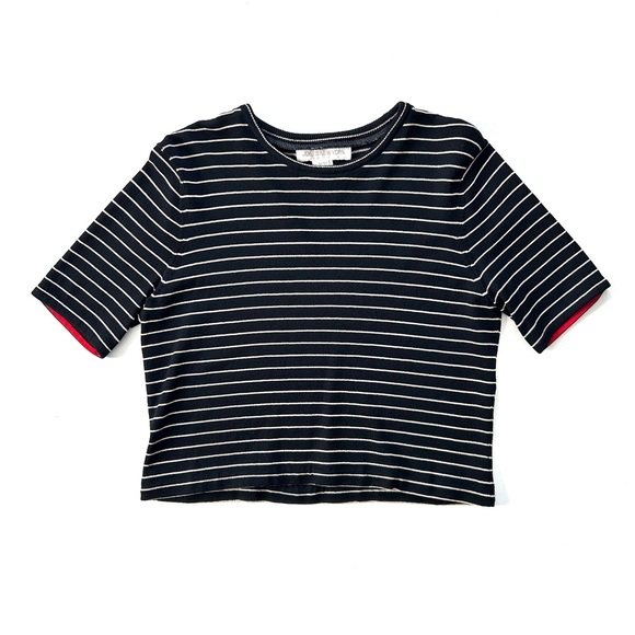 Jones New York Tops - Vintage Jones New York Black Stripe Short Sleeve Cropped Knitted Rayon Shirt